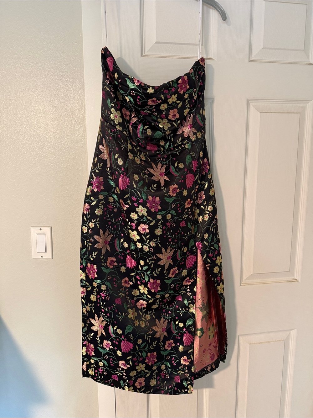 Lulu's Black Floral Strapless Midi Dress with Side Slit